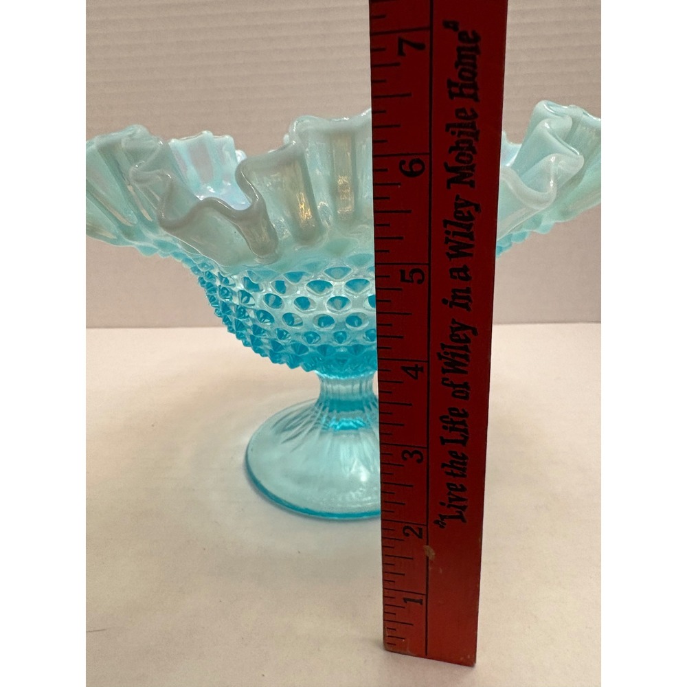 Fenton Blue Opalescent Hobnail Glass Ruffled Compote Pedestal Candy Dish 8" - Picture 5 of 6